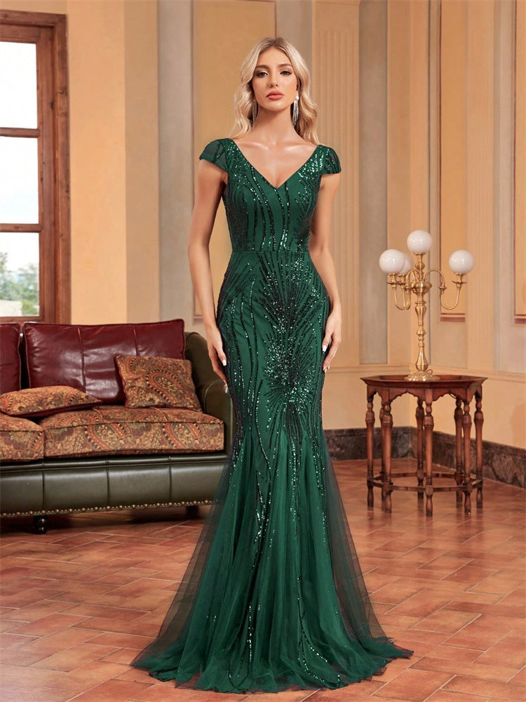 Short Sleeve Sequin Floral Mermaid Prom Dress XF251228