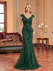 Short Sleeve Sequin Floral Mermaid Prom Dress XF251228