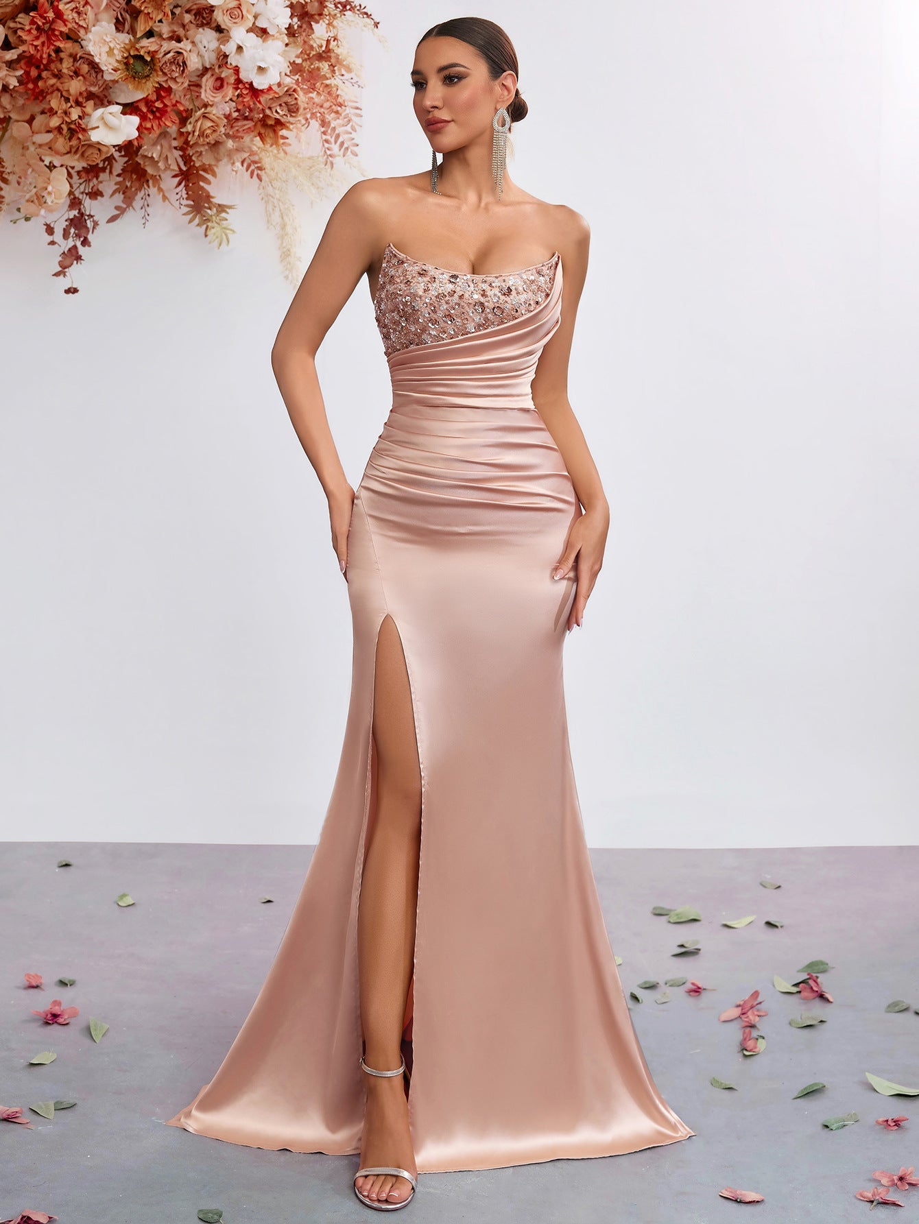 Elegant Satin Ruched Split Formal Dress XF251240