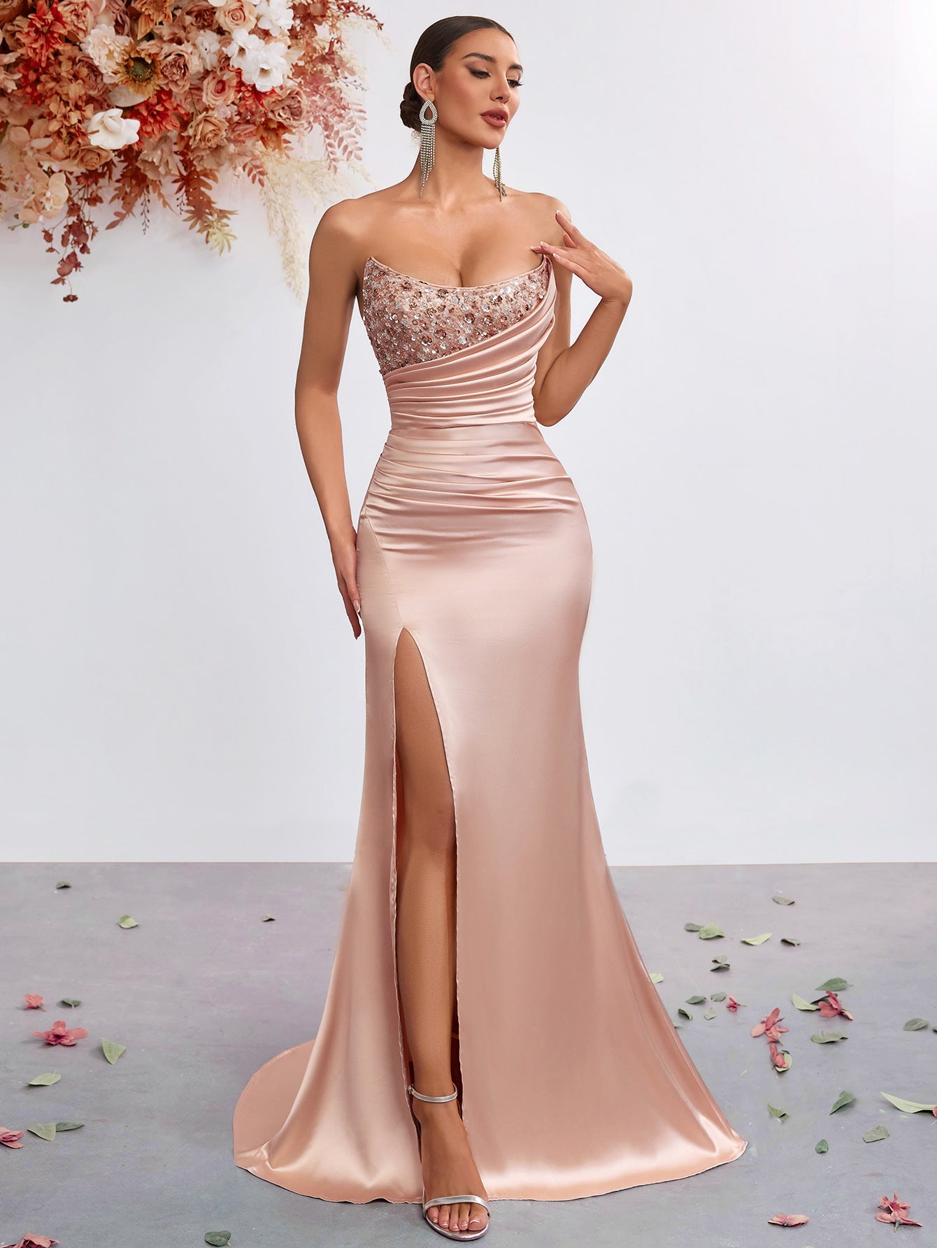 Elegant Satin Ruched Split Formal Dress XF251240