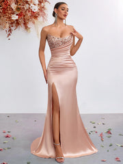 Elegant Satin Ruched Split Formal Dress XF251240