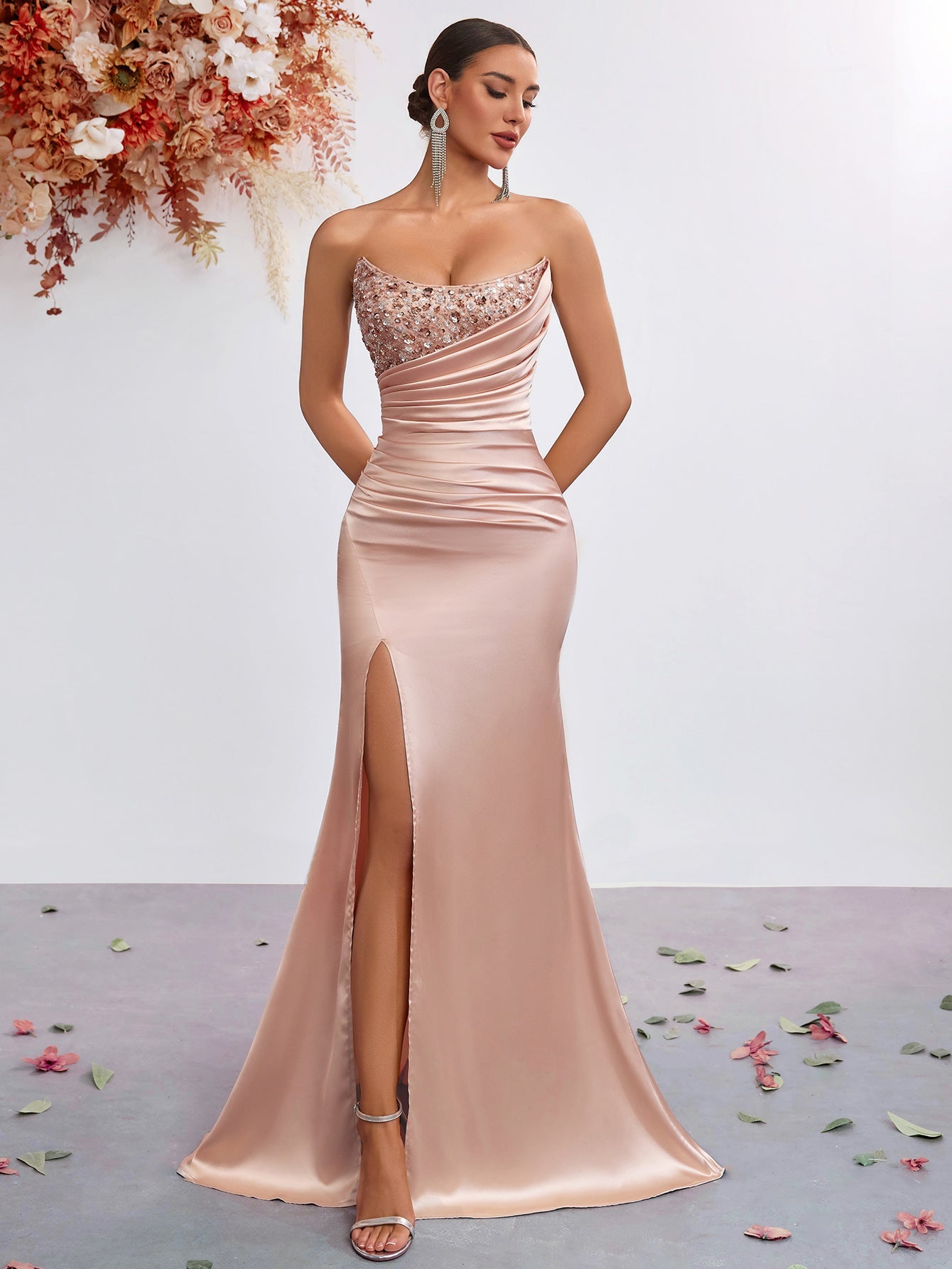 Elegant Satin Ruched Split Formal Dress XF251240