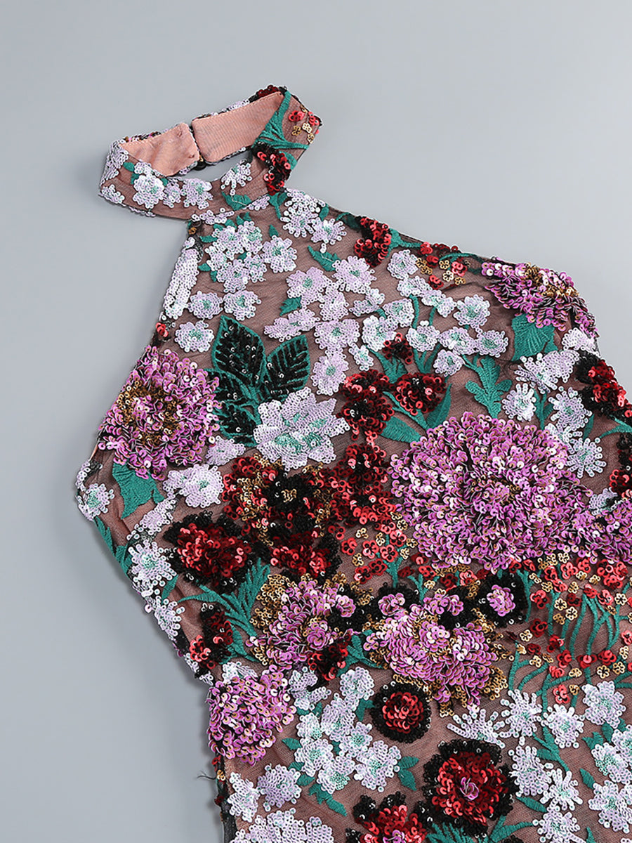 Floral Sequin Halter Bodycon Mini Party Dress XF251315