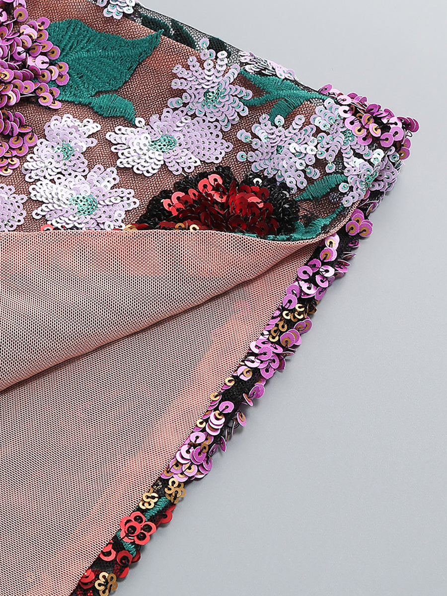 Floral Sequin Halter Bodycon Mini Party Dress XF251315