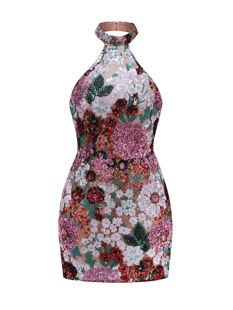 Floral Sequin Halter Bodycon Mini Party Dress XF251315