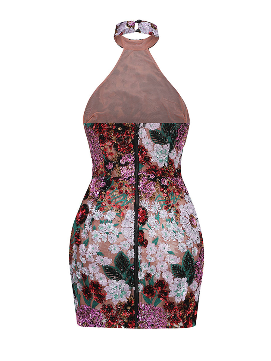 Floral Sequin Halter Bodycon Mini Party Dress XF251315