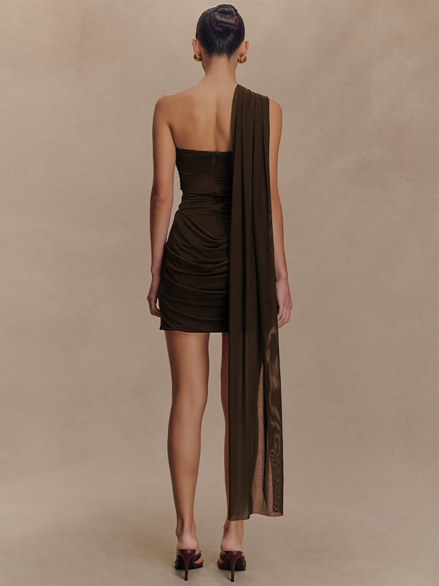 One-Shoulder Draped Ruched Bodycon Cocktail Dress XF251319