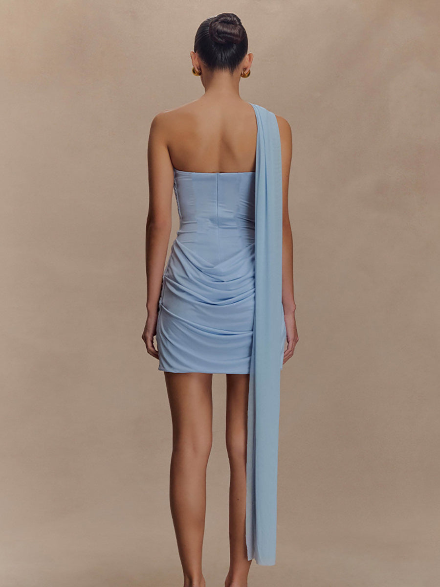 One-Shoulder Draped Ruched Bodycon Cocktail Dress XF251319