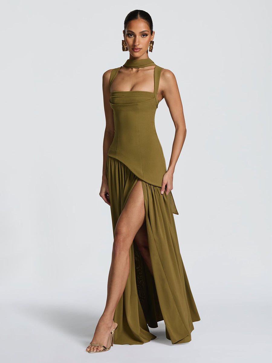 Olive Green Asymmetric Waist High Slit Formal Dress XF251320