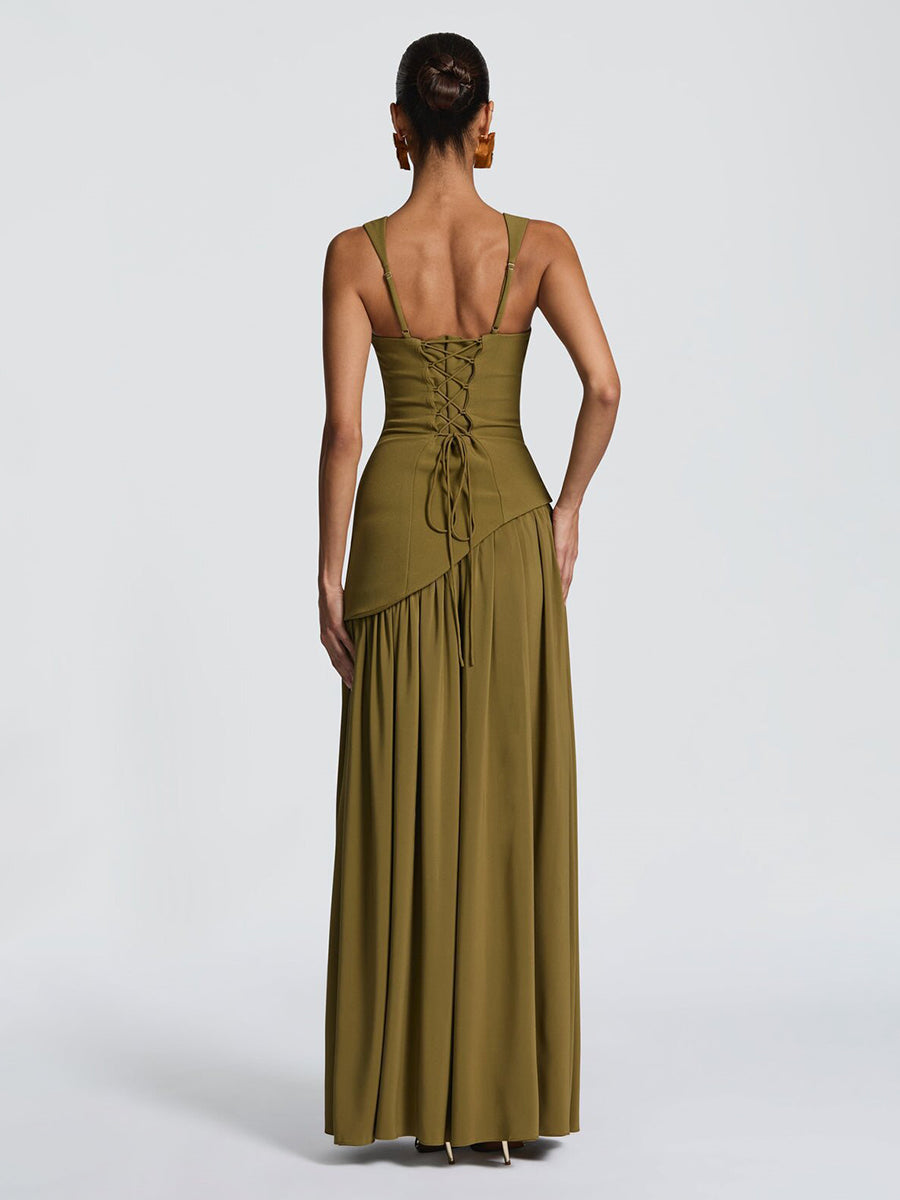 Olive Green Asymmetric Waist High Slit Formal Dress XF251320