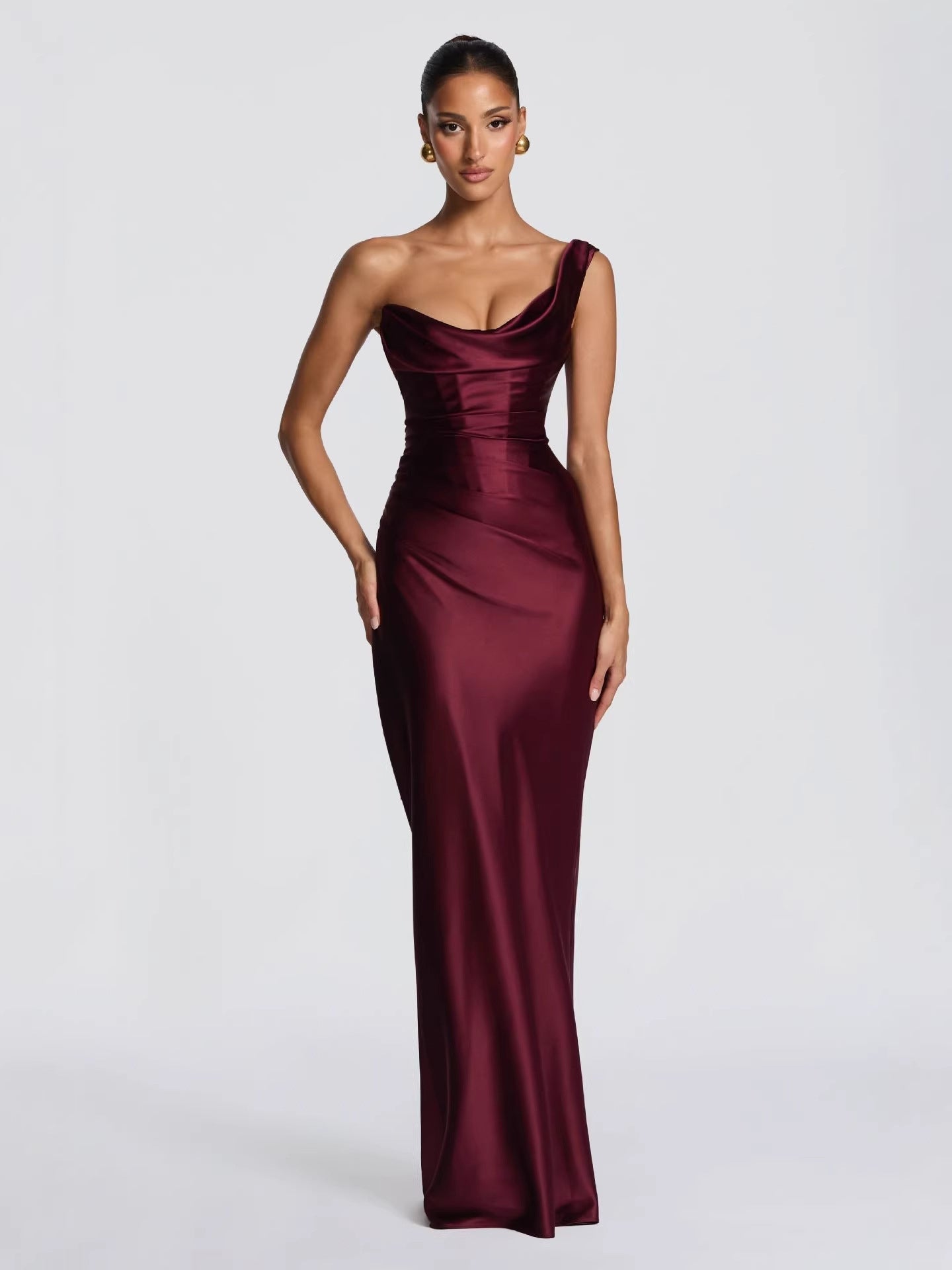 One Shoulder Ruched Satin Cocktail Dress