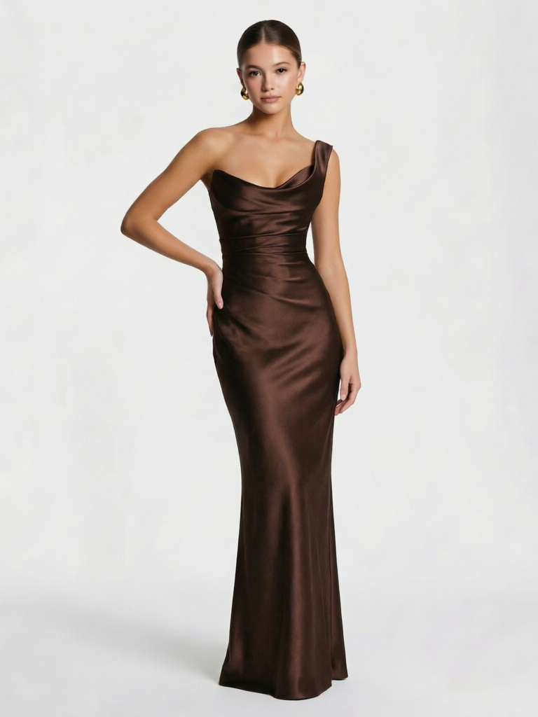 One Shoulder Ruched Satin Cocktail Dress