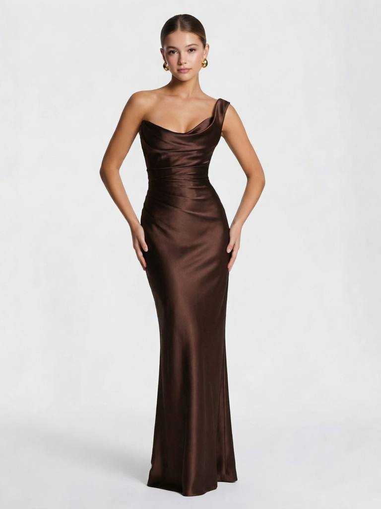 One Shoulder Ruched Satin Cocktail Dress