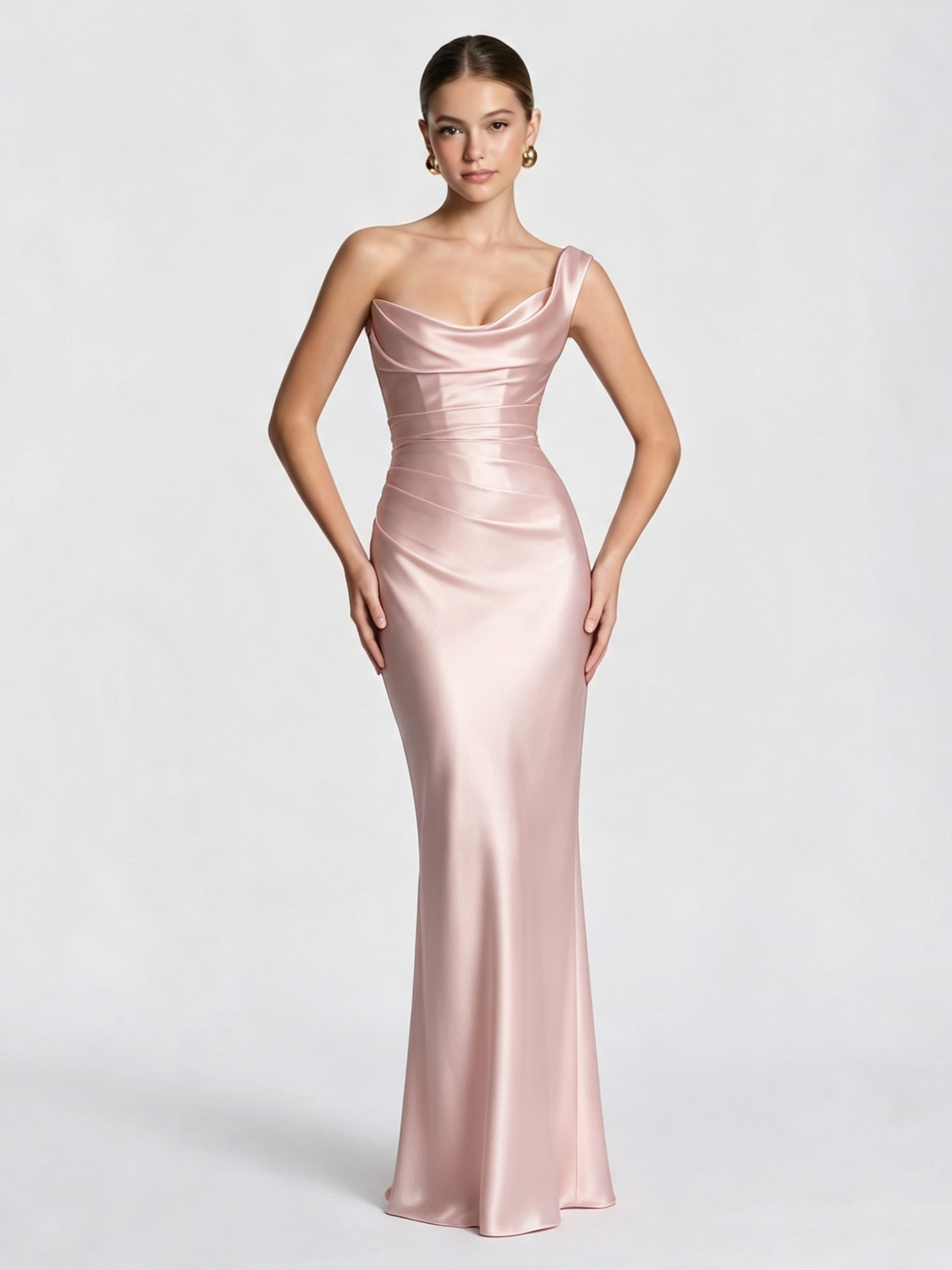 One Shoulder Ruched Satin Cocktail Dress