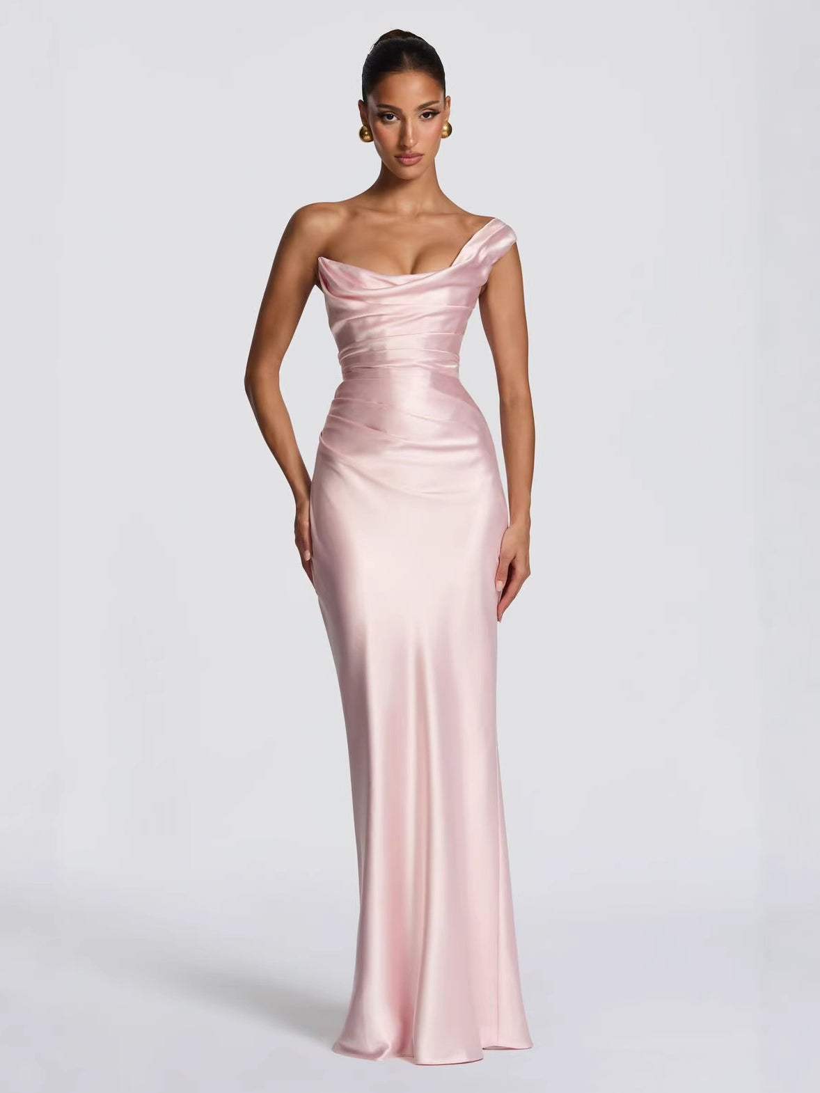 One Shoulder Ruched Satin Cocktail Dress
