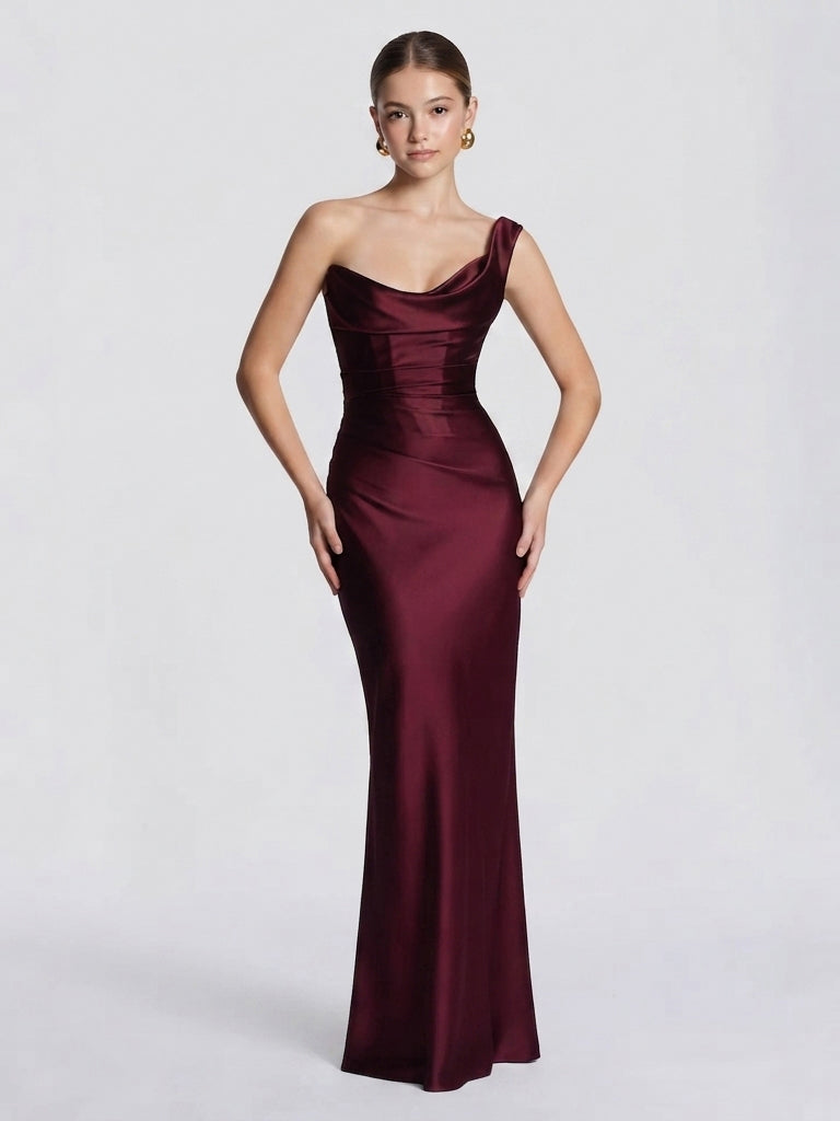 One Shoulder Ruched Satin Cocktail Dress