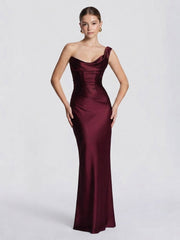 One Shoulder Ruched Satin Cocktail Dress