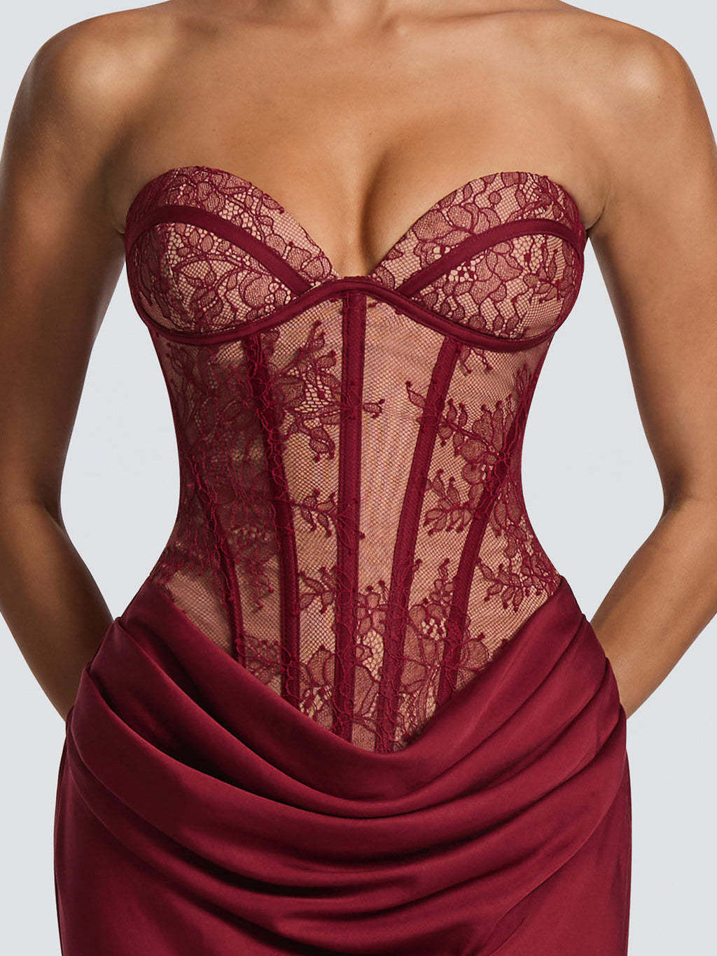 Strapless Lace Corset Ruched Formal Dress