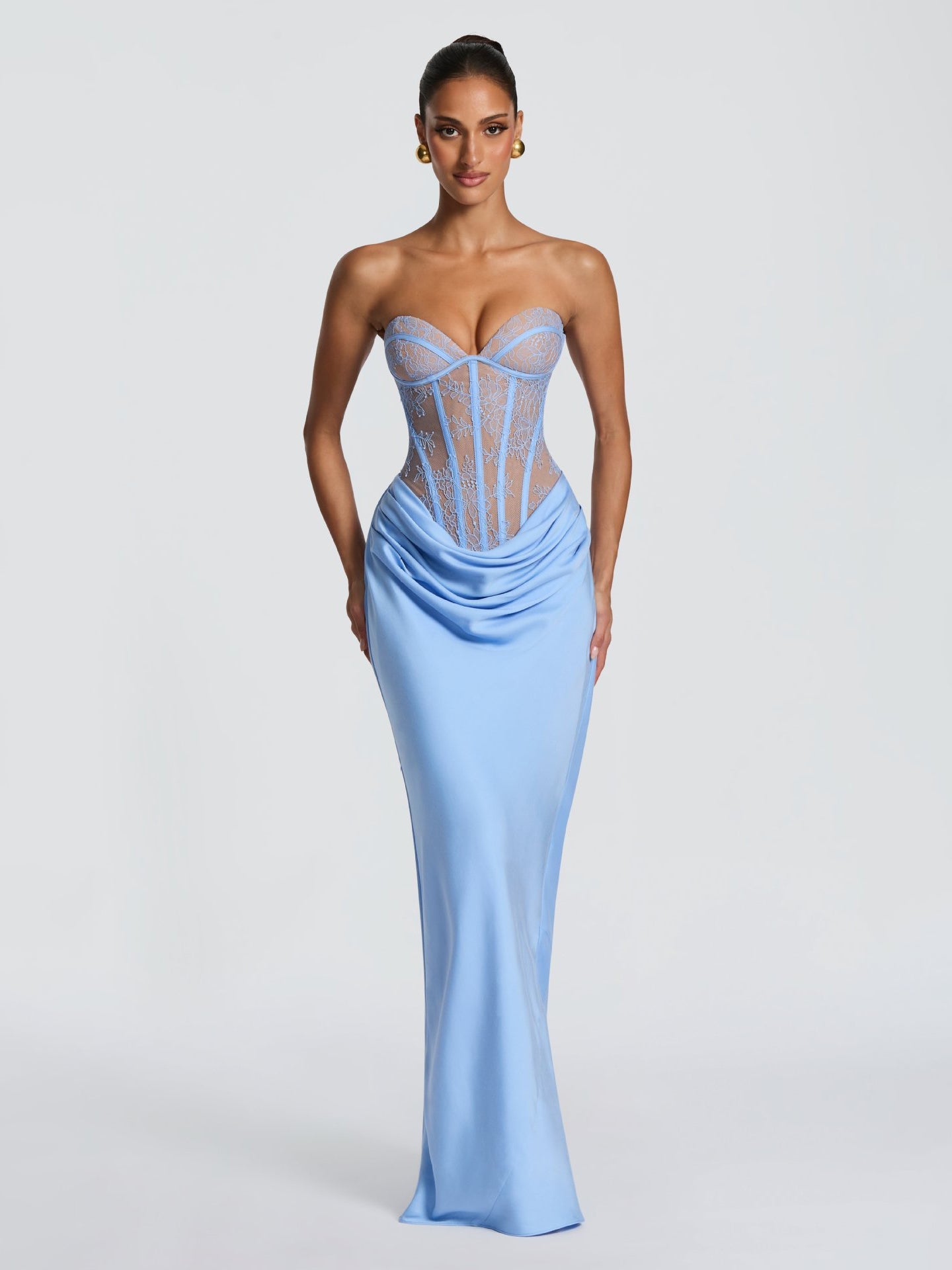 Strapless Lace Corset Ruched Formal Dress