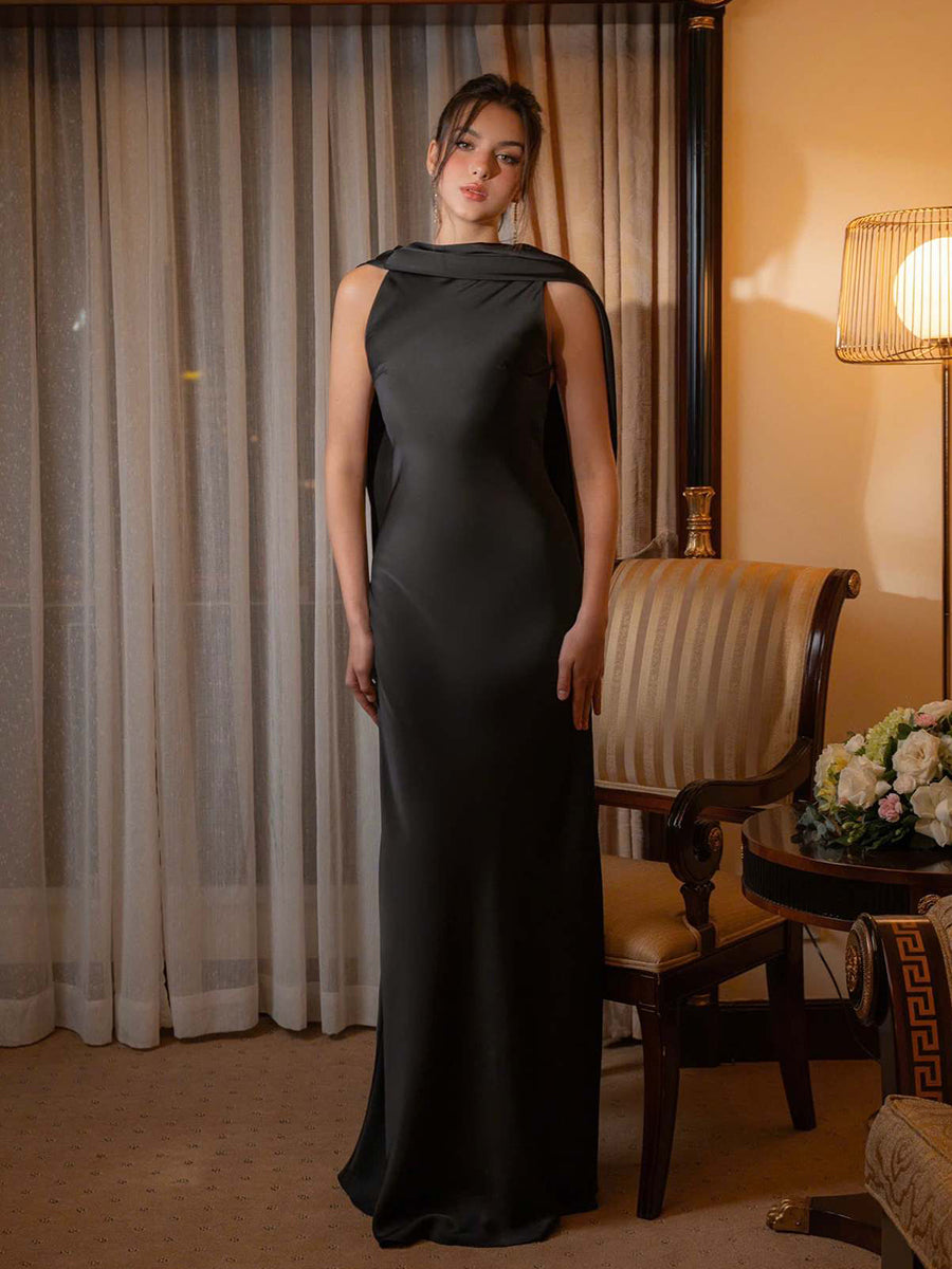 Draped Satin Backless Maxi Evening Dress XF251326