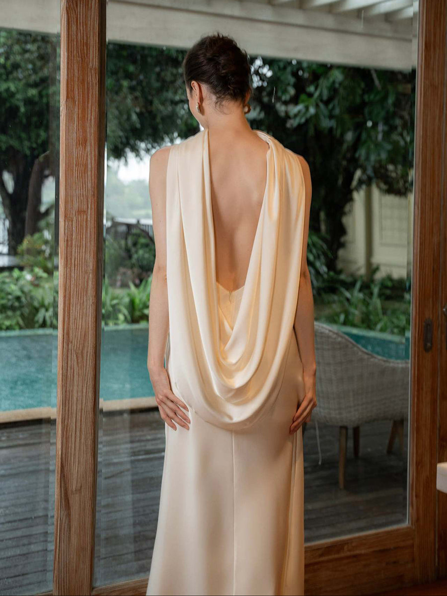 Draped Satin Backless Maxi Evening Dress XF251326