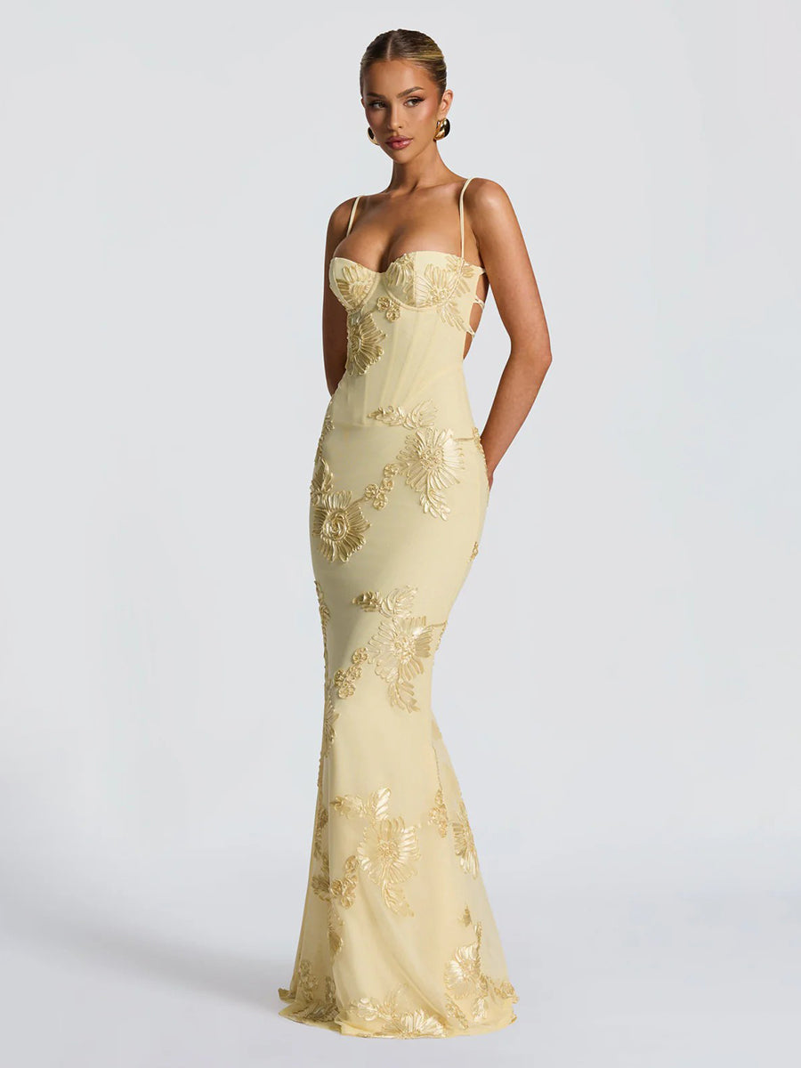 Floral Embroidered Spaghetti Mermaid Maxi Dress XF251327