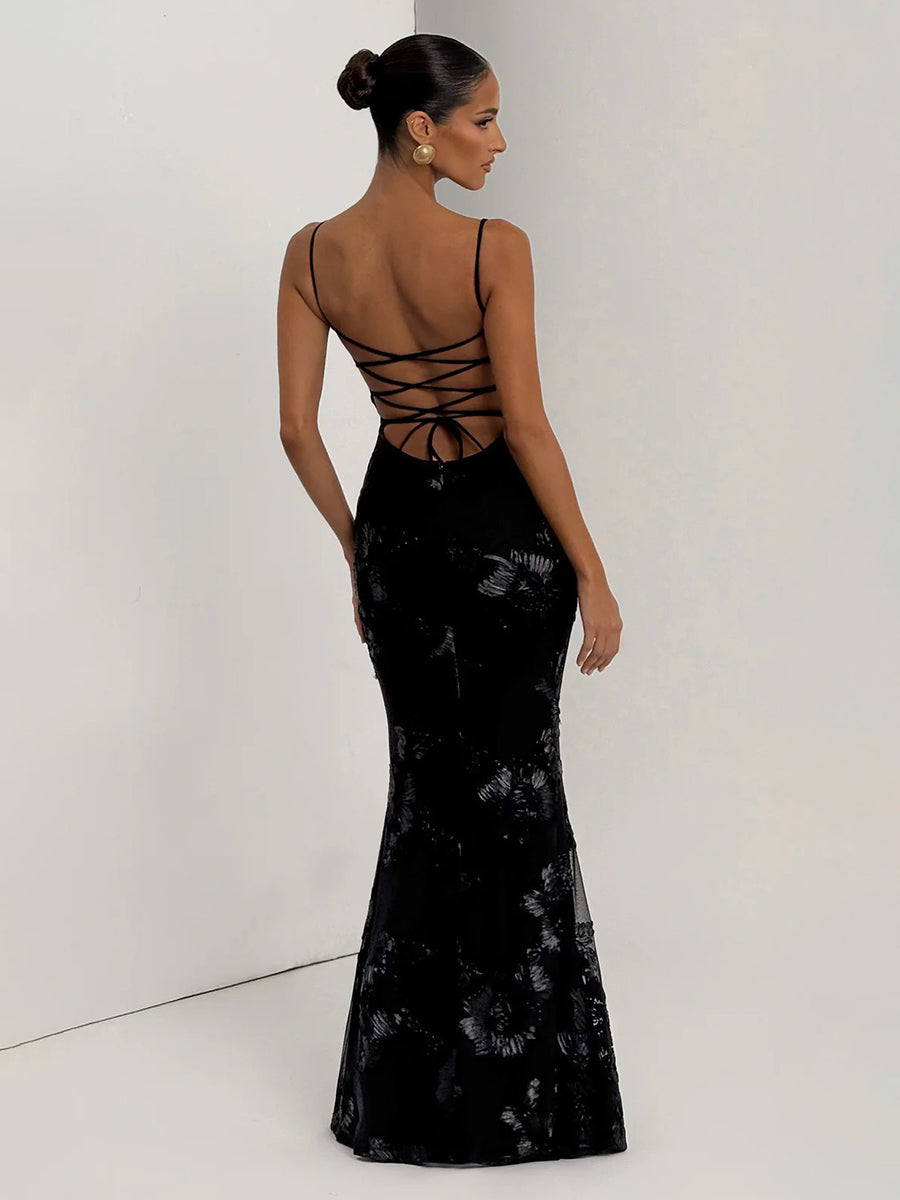 Floral Embroidered Spaghetti Mermaid Maxi Dress XF251327