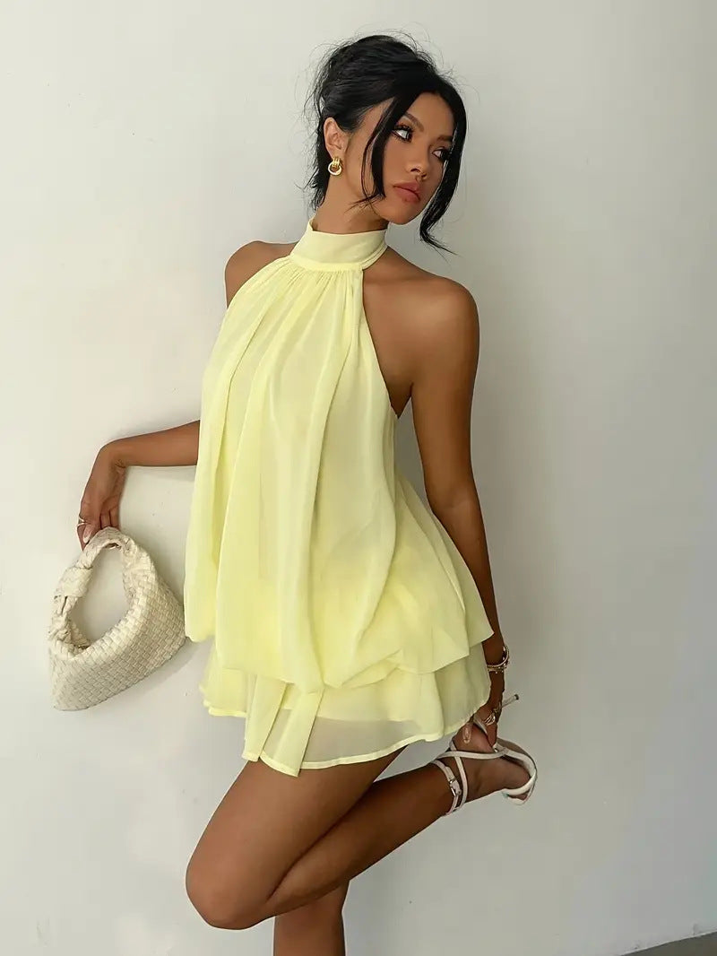 Halter Neck Ruffle Layered Mini Dress XF251328