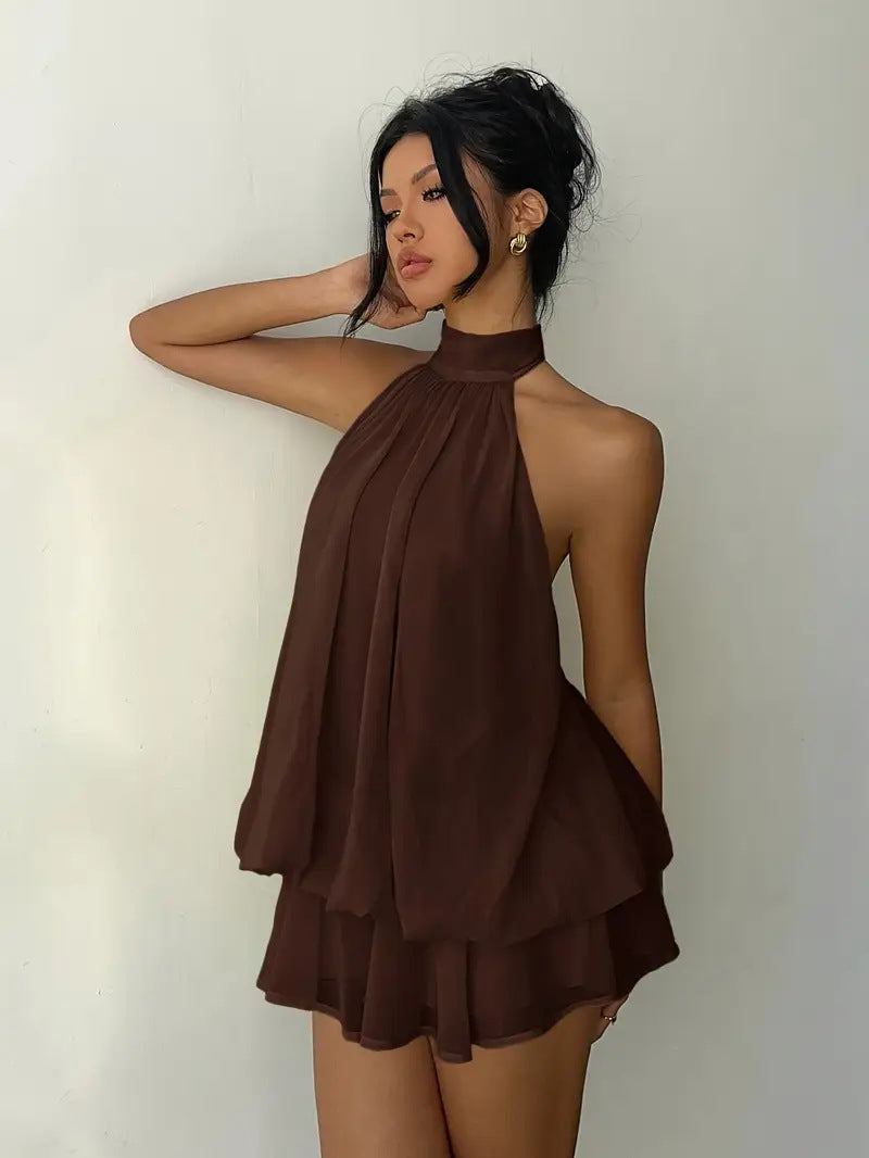 Halter Neck Ruffle Layered Mini Dress XF251328