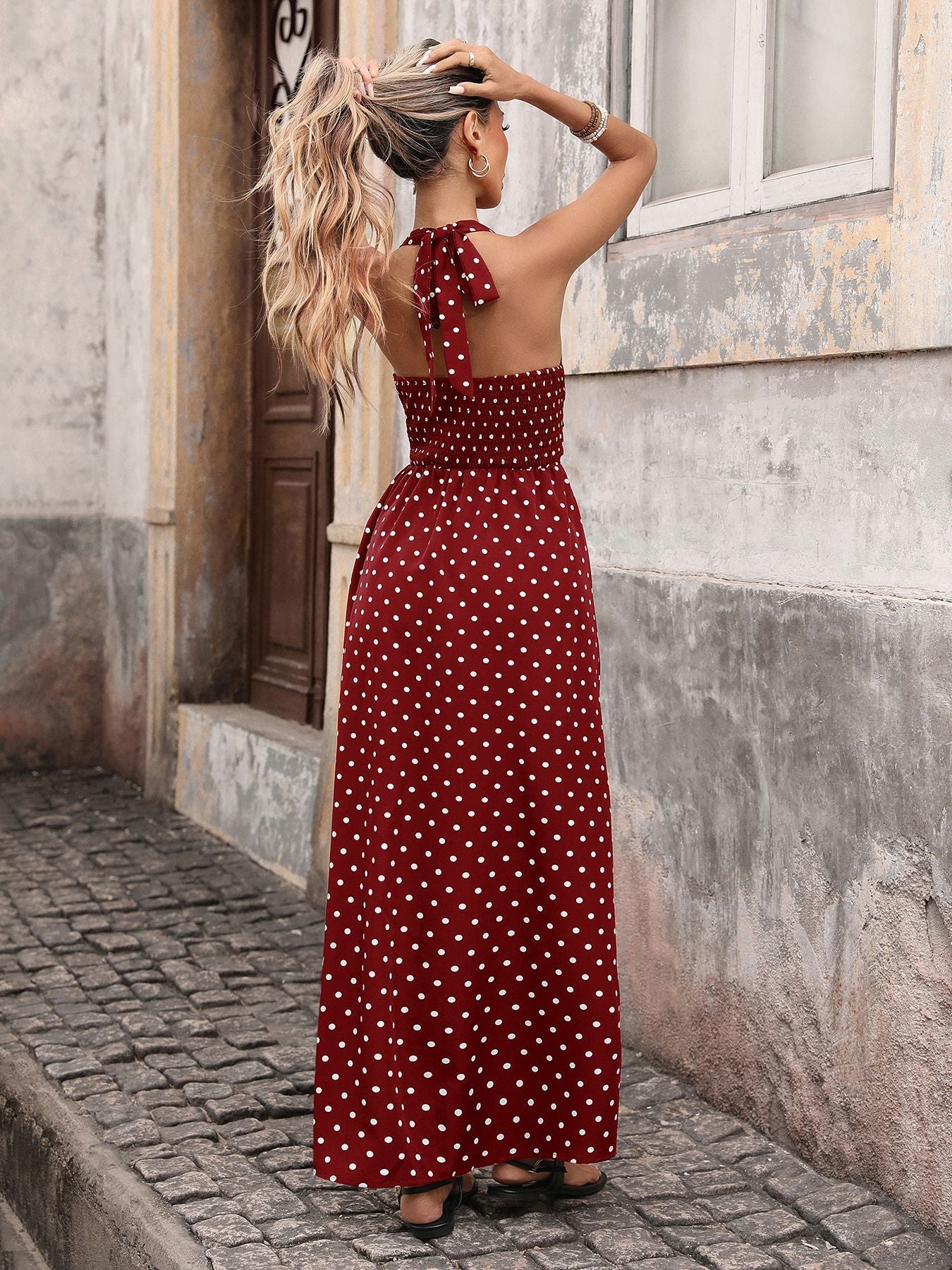 Polka Dot Halter Backless Maxi Dress XF251330