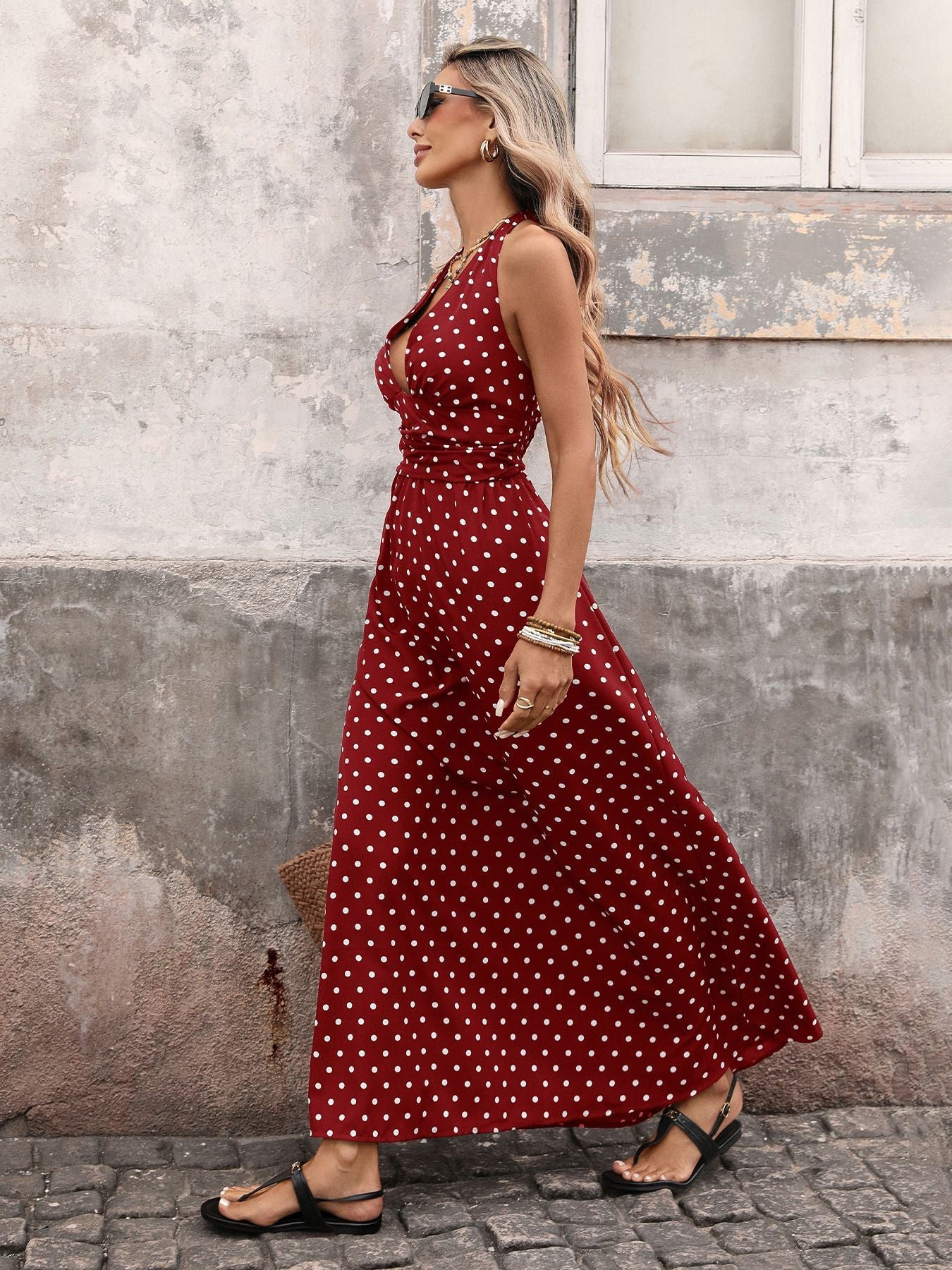 Polka Dot Halter Backless Maxi Dress XF251330