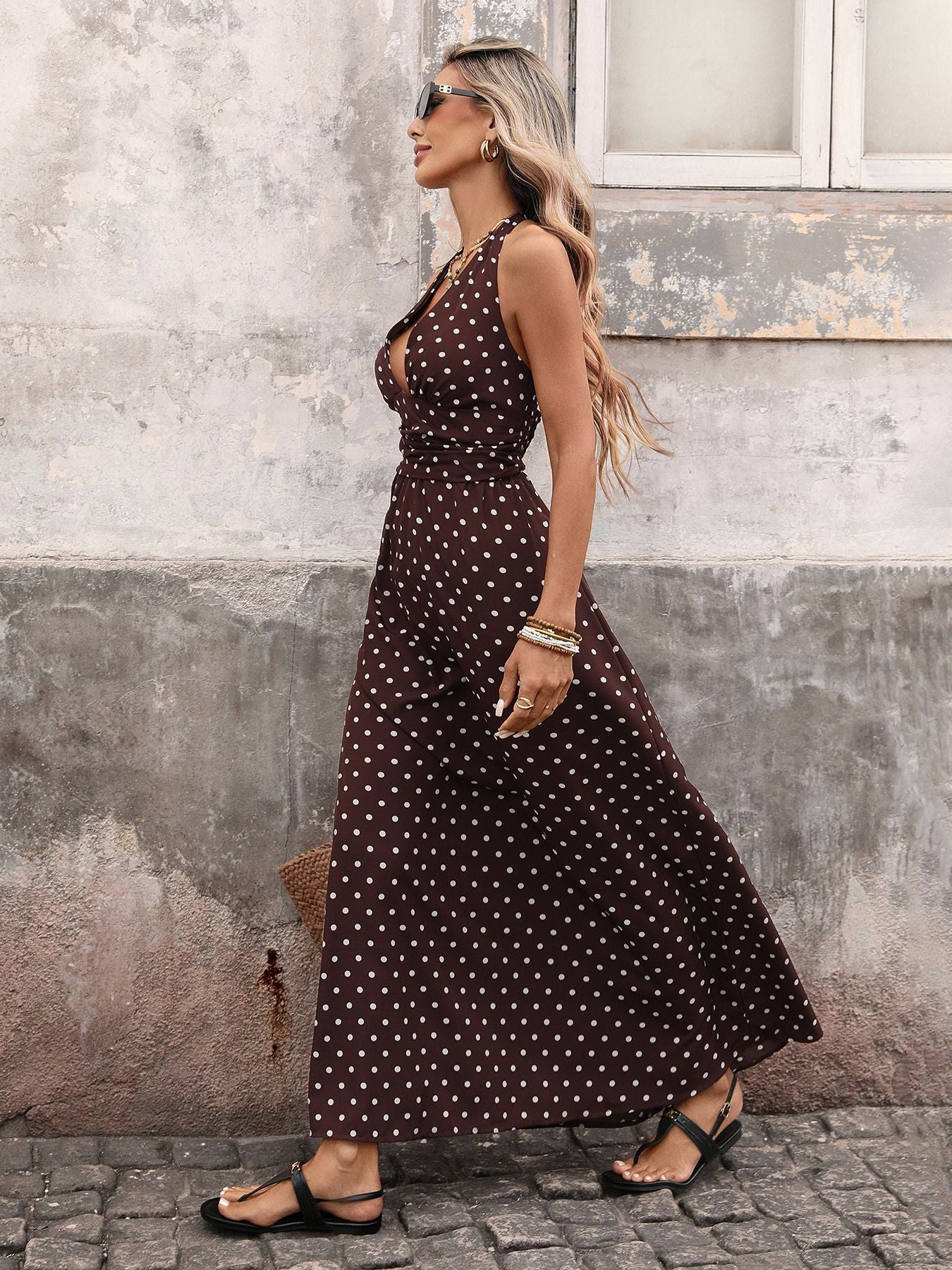 Polka Dot Halter Backless Maxi Dress XF251330