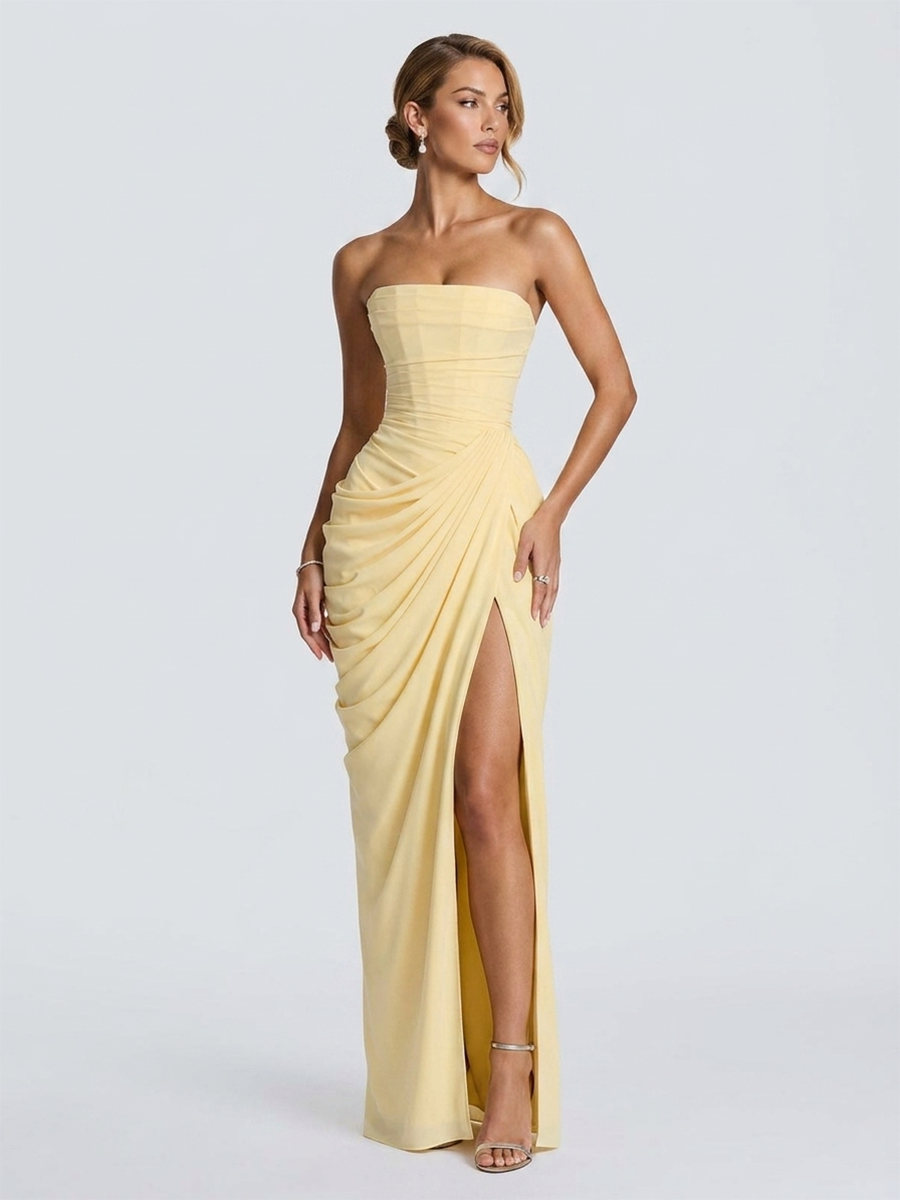 Strapless Draped High Slit Evening Dress XF251335