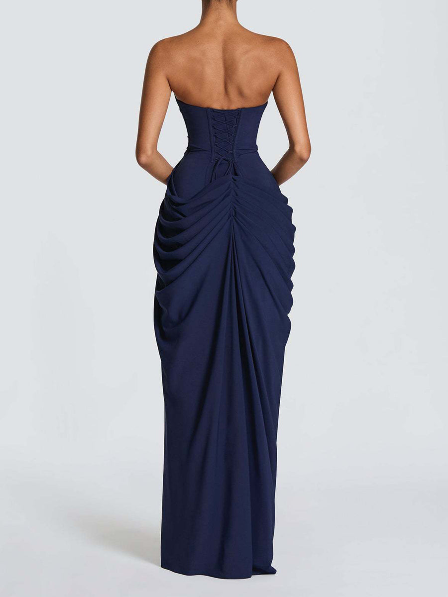 Strapless Draped High Slit Evening Dress XF251335
