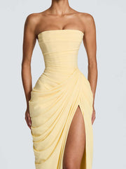 Strapless Draped High Slit Evening Dress XF251335