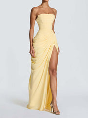 Strapless Draped High Slit Evening Dress XF251335