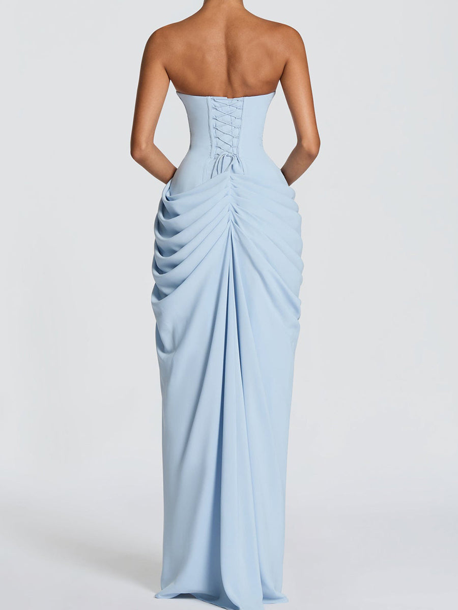 Strapless Draped High Slit Evening Dress XF251335