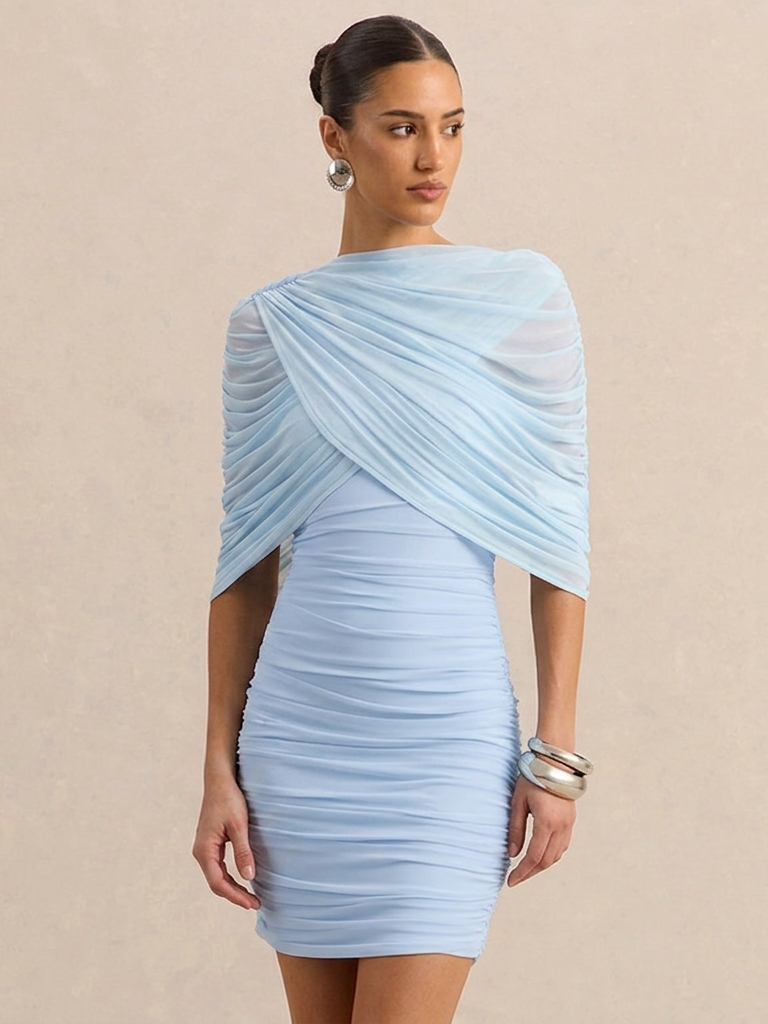 Ruched Strapless Detachable Cape Mini Dress XF251343