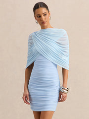 Ruched Strapless Detachable Cape Mini Dress XF251343
