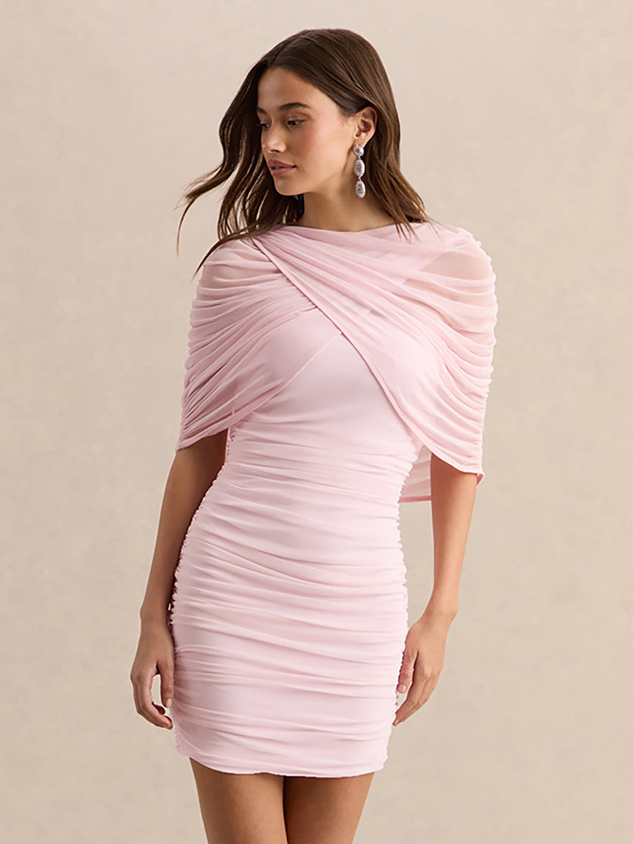 Ruched Strapless Detachable Cape Mini Dress XF251343