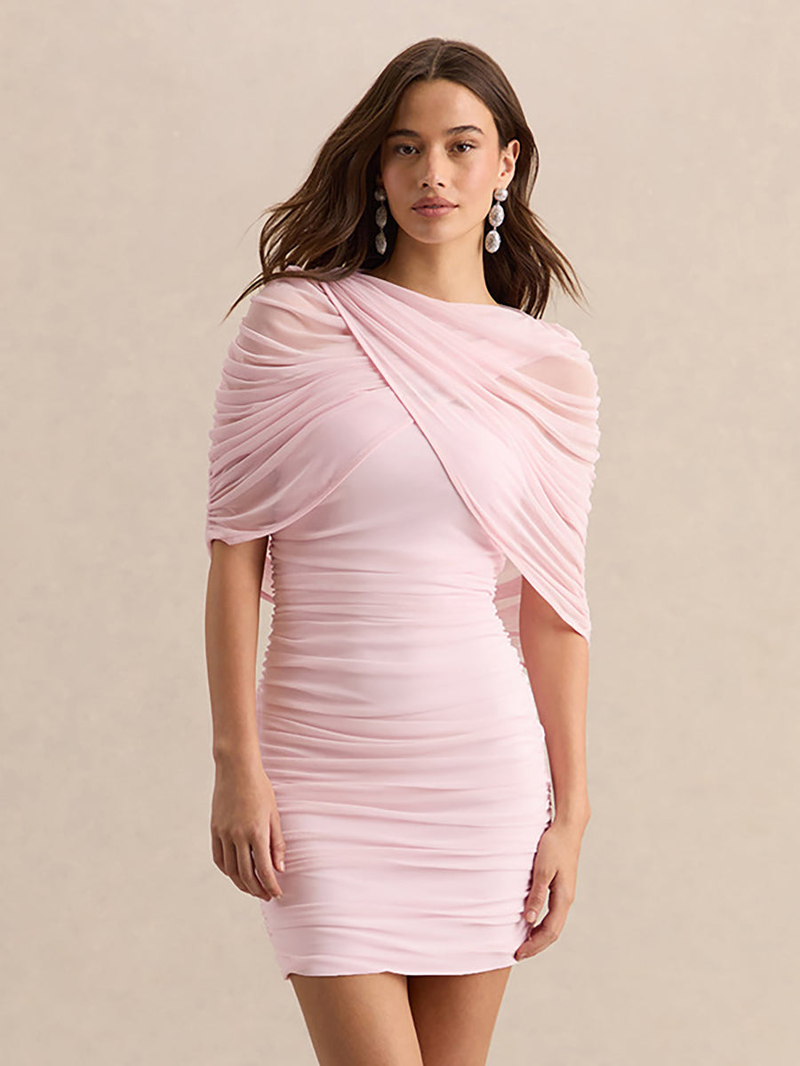 Ruched Strapless Detachable Cape Mini Dress XF251343