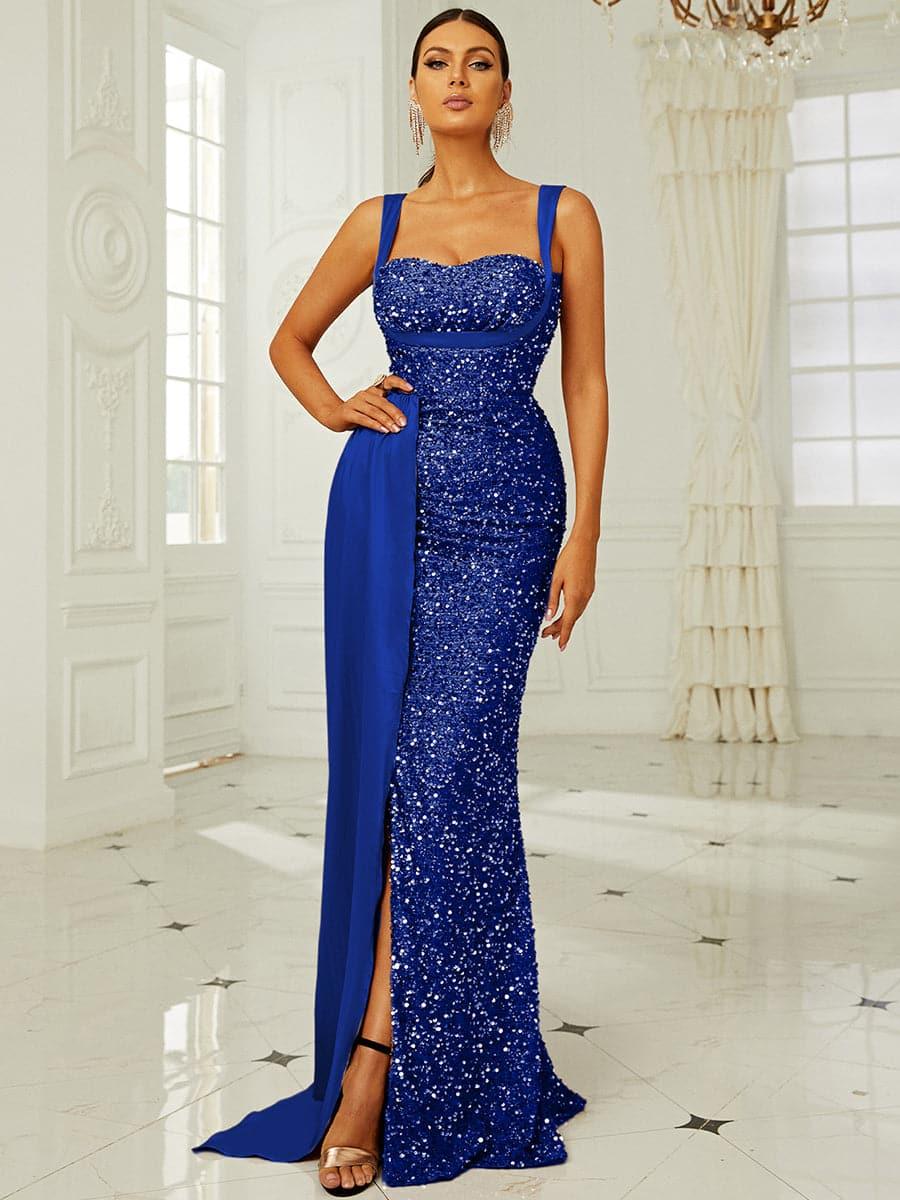Ribbon Corset Sequin Maxi Prom Dress XH2162