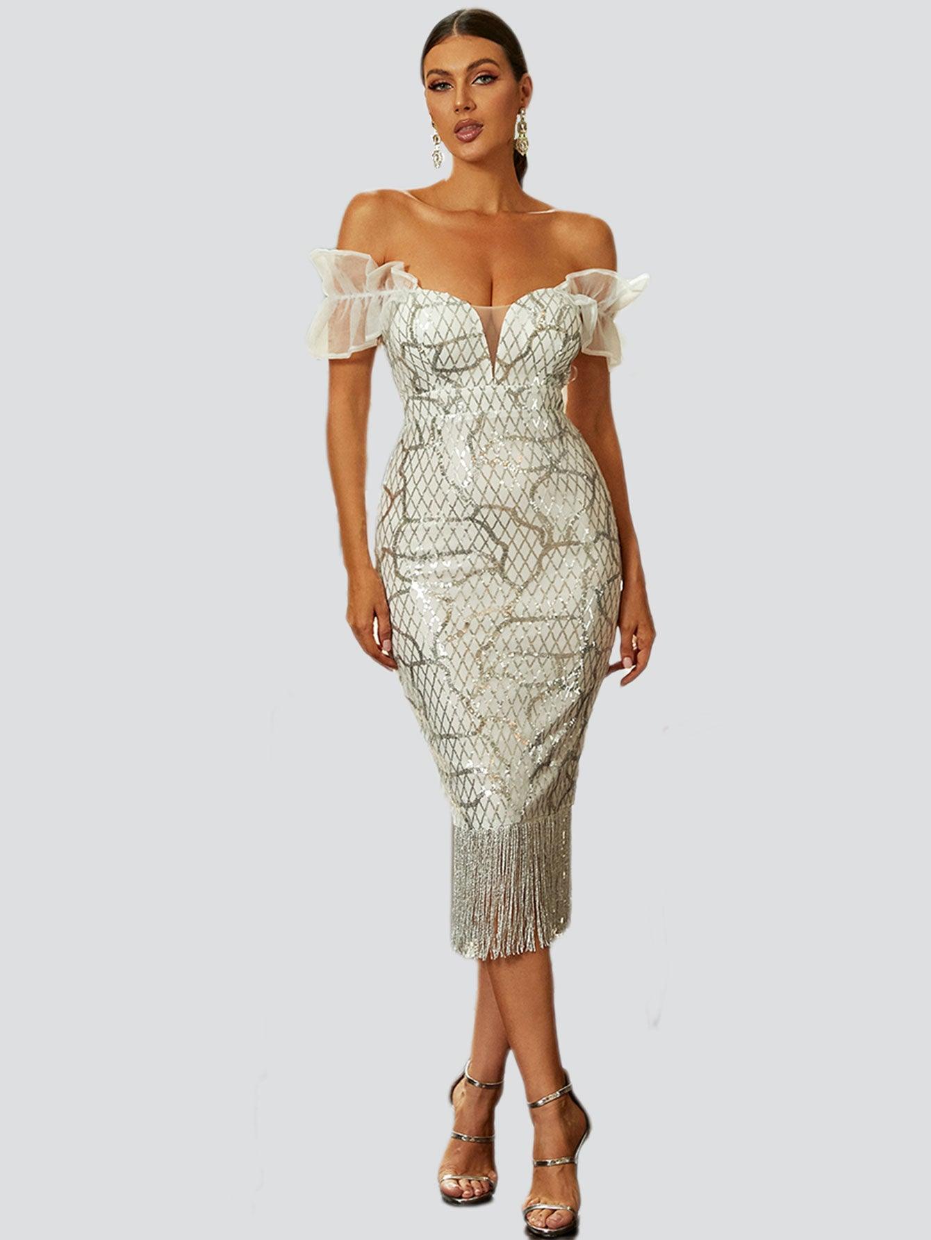 Off Shoulder Sequin Midi Cocktail Dress XJ1259