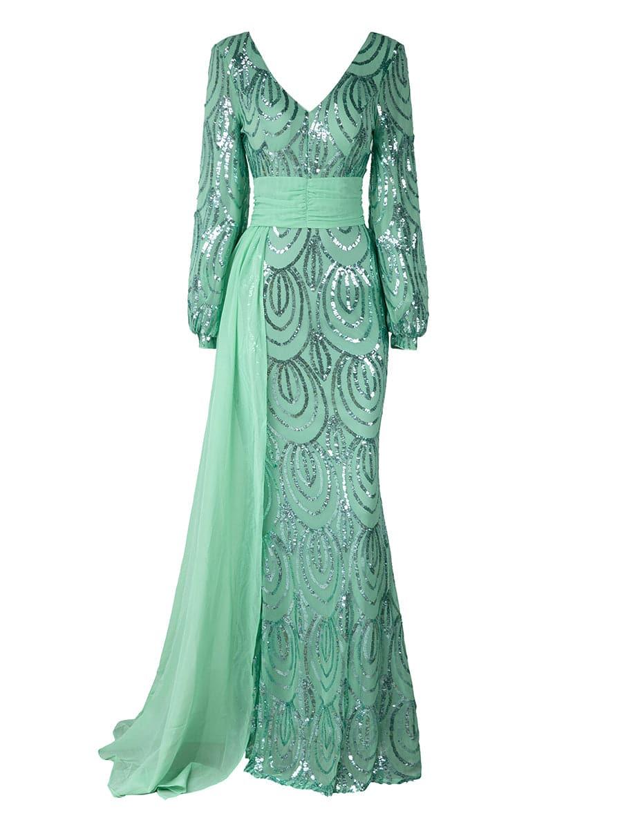 V-Neck Long Sleeve Draped Sequin Mermaid Prom Dress XJ1524