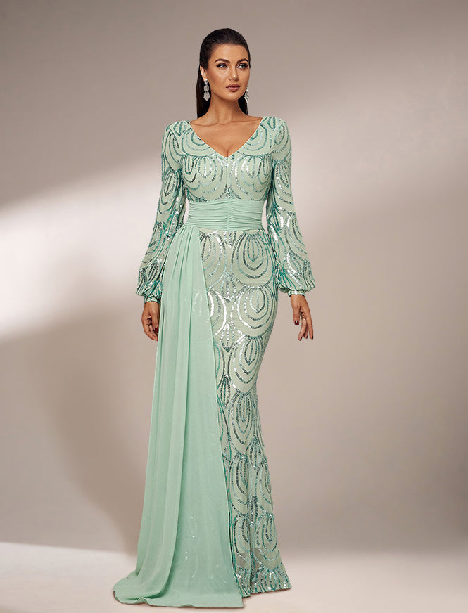 V-Neck Long Sleeve Draped Sequin Mermaid Prom Dress XJ1524