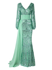 V-Neck Long Sleeve Draped Sequin Mermaid Prom Dress XJ1524