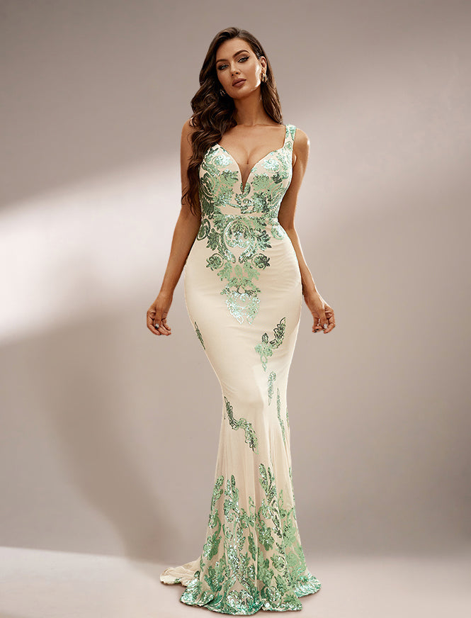 Sleeveless Mermaid Sequin Gown Dress XJ1747