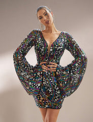 V-Neck Flared Sleeve Multicolor Sequin Mini Dress XJ1936