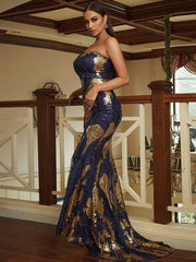 Strapless Floor Length Sequin Maxi Blue Evening Dress XJ2258