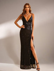 V Neck Black Sparkly Maxi Evening Dress XJ282